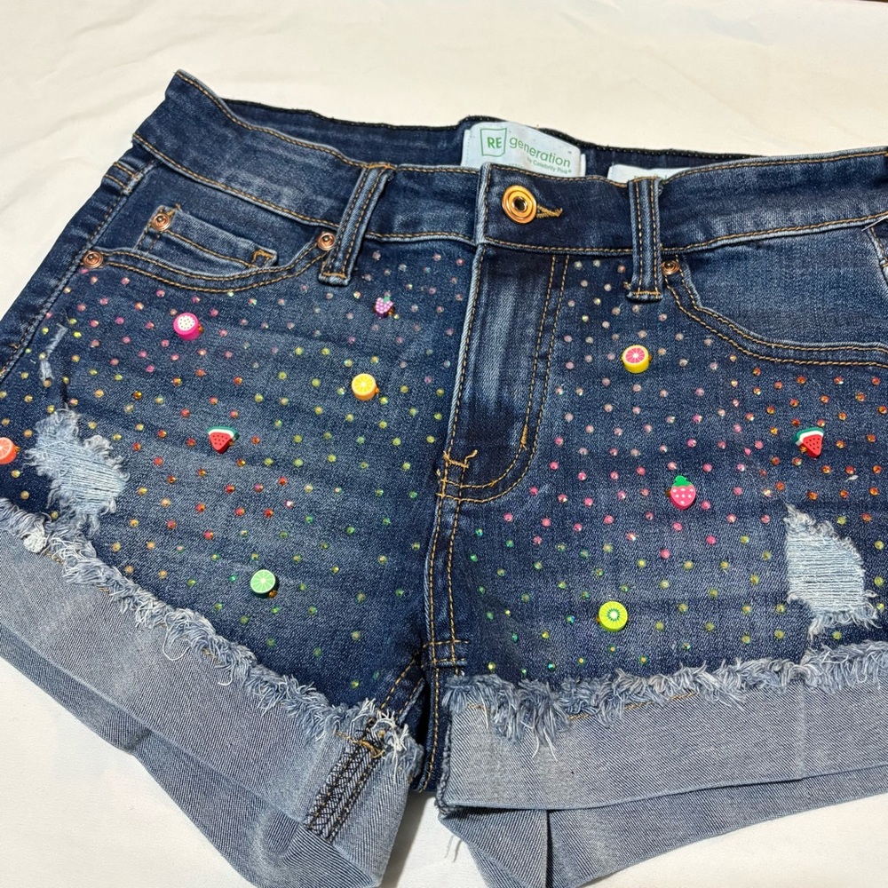 Custom Fruit And Rhinestone Denim Shorts